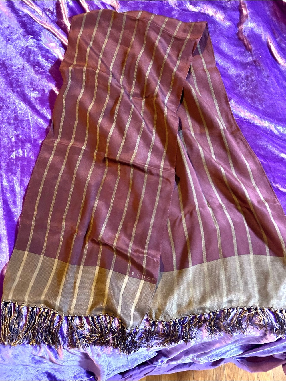 Echo 100% Silk Oblong Scarf Burgundy Gold Stripe Rectangular 10x50